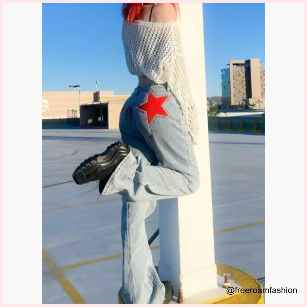 High Waisted Flare Jeans with Star Patches, Vintage Y2K Denim Pants